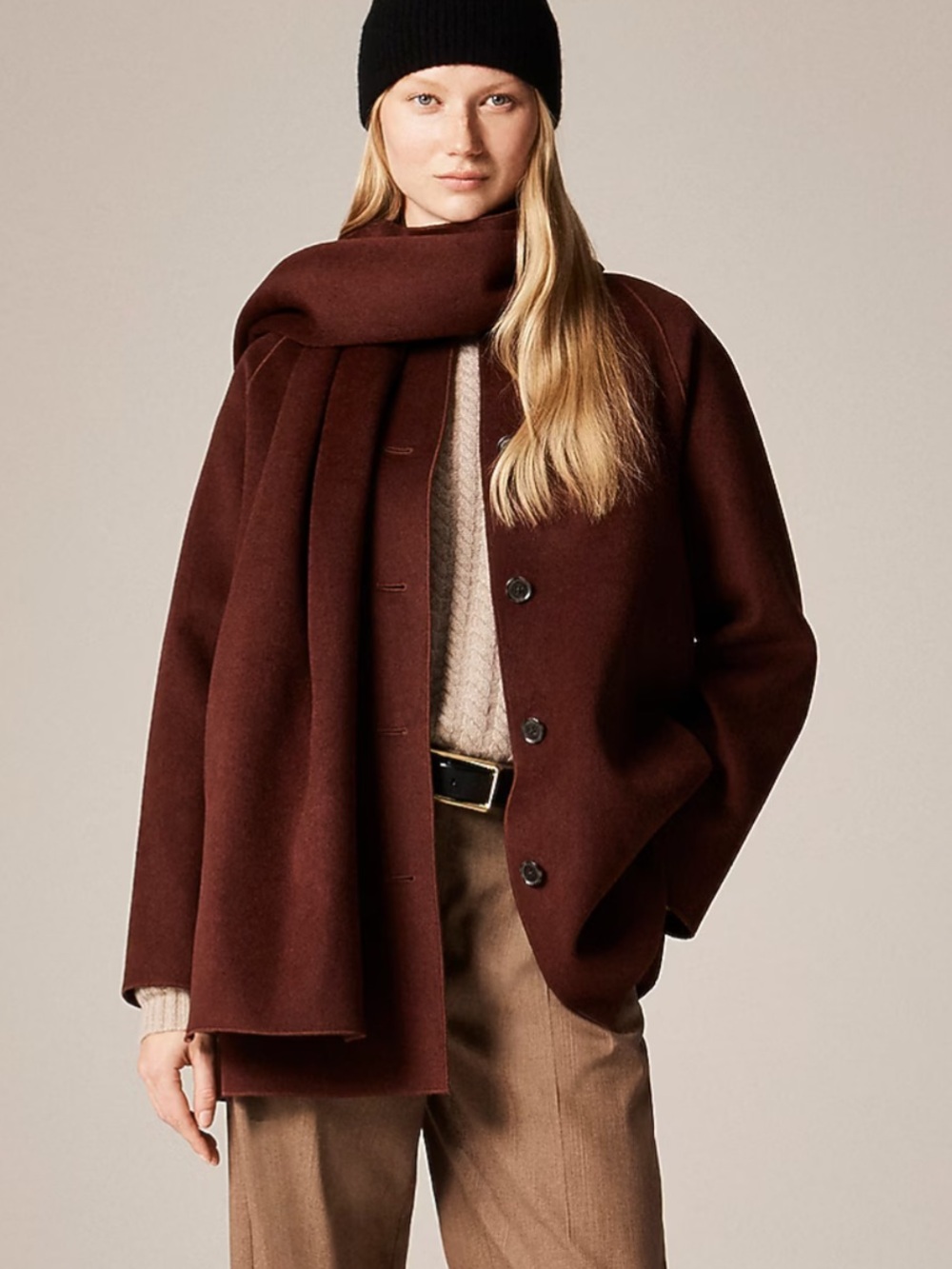 J crew Burgundy Wool-Blend Coat with Scarf